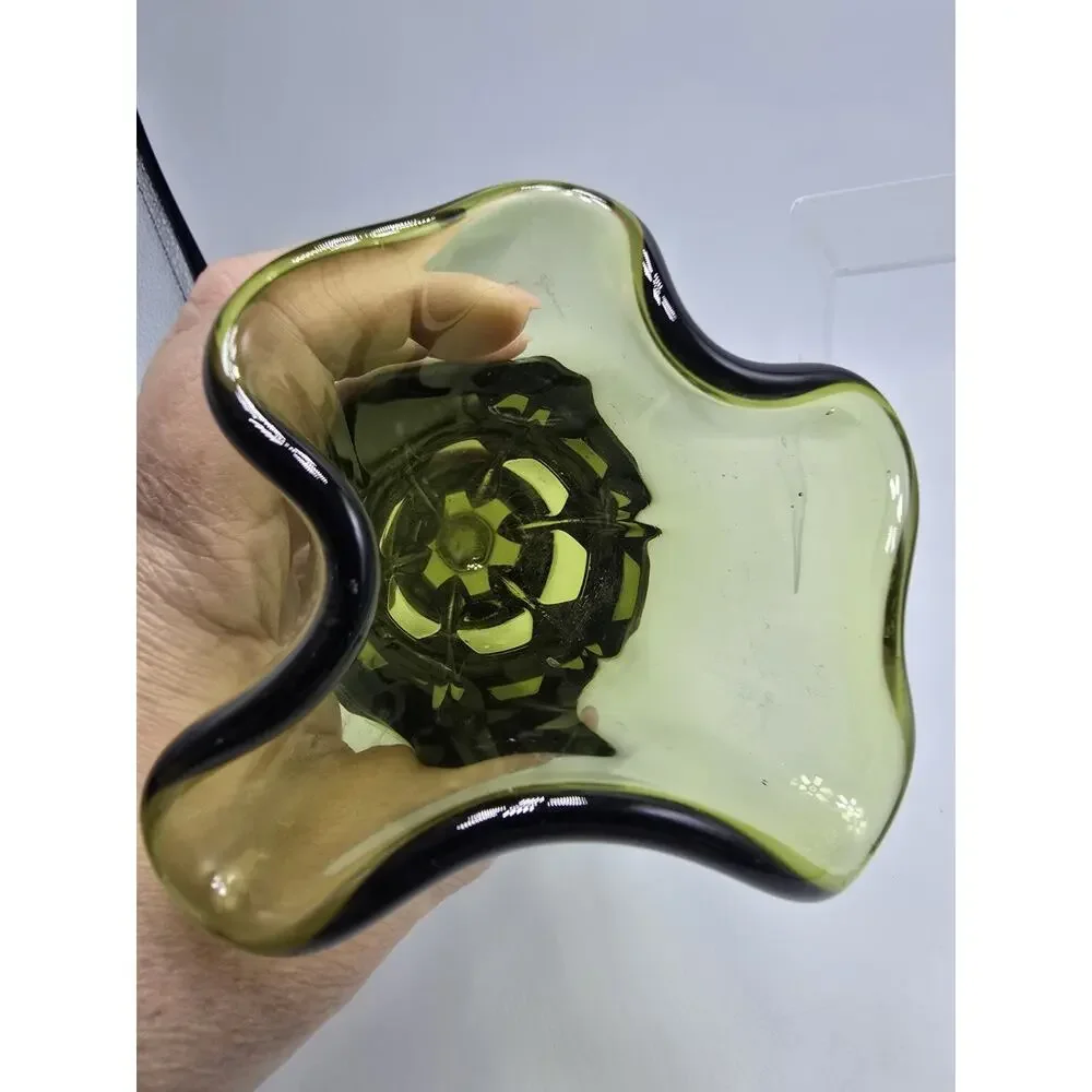 VTG Fenton Swing Art Glass Handkerchief Footed Vase Colonial Olive Green 7